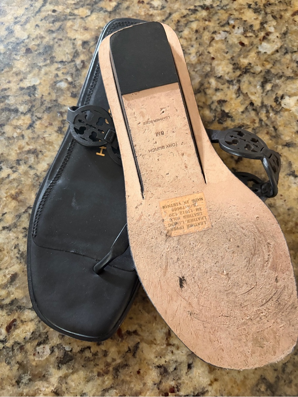 Tory Burch Black Leather Logo Toe-Post Sandals